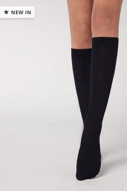 Calzedonia - Blue Ribbed Long Socks With Cashmere, Women